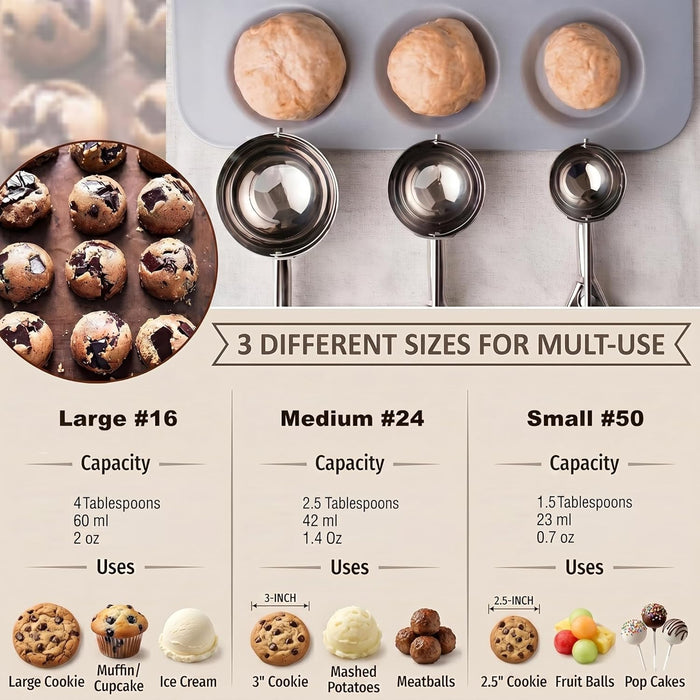 Ice Cream Scoop, 3Pcs Cookie Scoop Set, Stainless Steel Ice Cream Scooper with Trigger Release, Large/Medium/Small Cooki