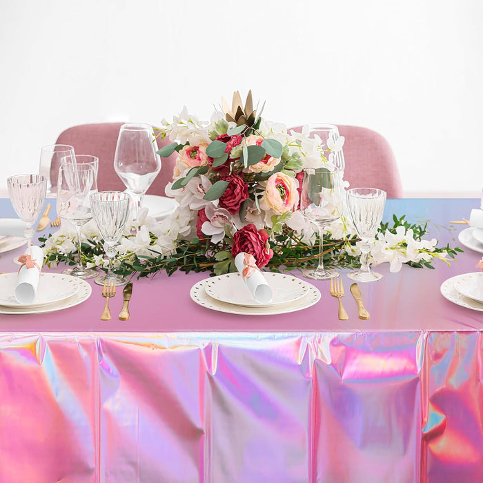 4 Pack Iridescent Pink Plastic Tablecloths,  Shiny Disposable Laser Rectangle Table Covers, Holographic Foil Tablecloth Iridescent Party Decorations for Kpop Birthday Wedding Xmas, 54x108Inch