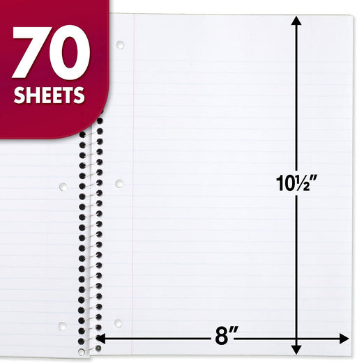 Spiral Notebook, 24 Pack, 1 Subject, Wide Ruled Paper, 7-1/2" x 10-1/2", 70 Sheets per Notebook, Colors Will Vary (930203-ECM25)