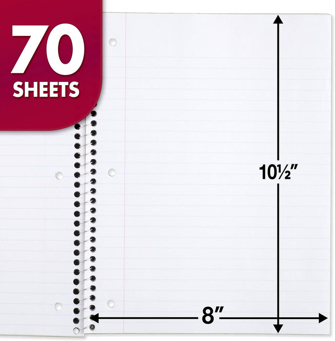 Spiral Notebook, 24 Pack, 1 Subject, Wide Ruled Paper, 7-1/2" x 10-1/2", 70 Sheets per Notebook, Colors Will Vary (930203-ECM25)