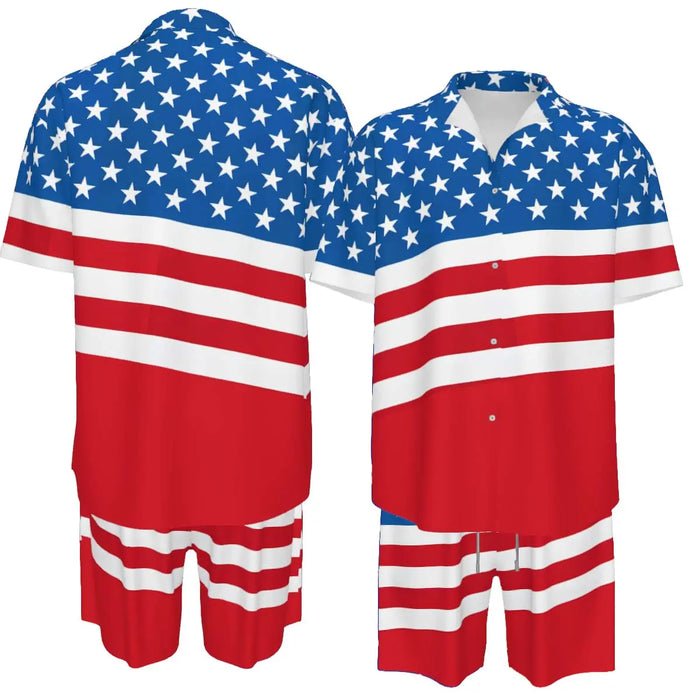 Men'S Fashion 2-Piece Matching Shortsleeve Collared Neck Tropical Set - Casual Stylish Flag Pattern Shirt & Bottoms, Loose Fit, plus Size Hawaiian Patriotic Streetwear for 4Th of July