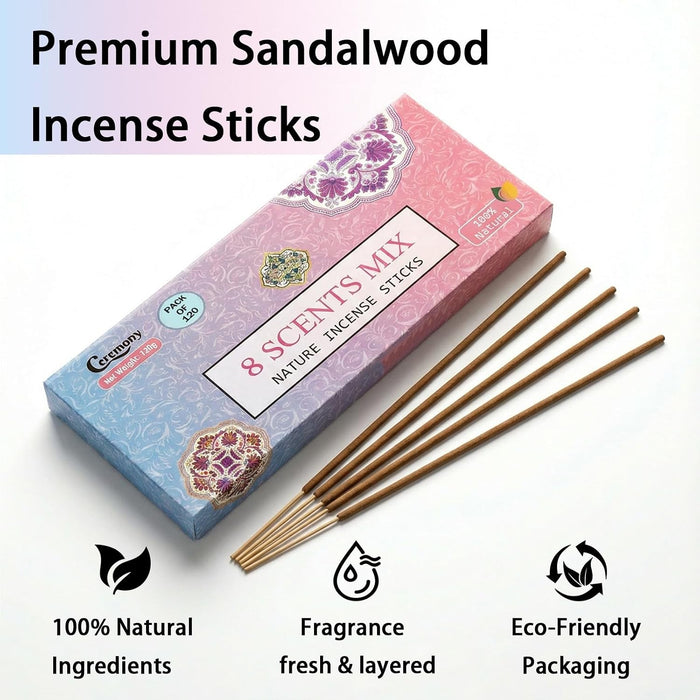 8 Scents Incense Sticks, 8 in 1 Mix Incense,120 Stick Incense for Mediation,100% Natural-Handmade for Yoga, Organic-Chem