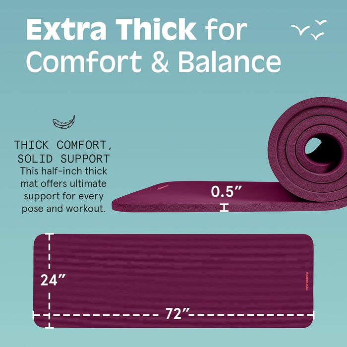 Retrospec Solana Yoga Mat Thick 1/2in Non-Slip Workout Mat with Nylon Strap - 72x24in Exercise Mat for Pilates, Stretchi