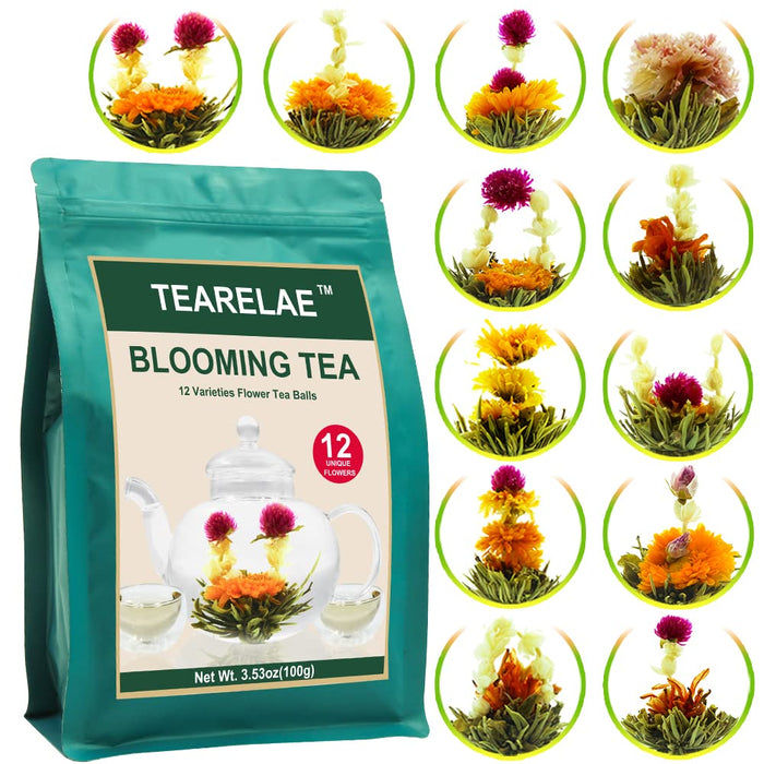 Blooming Tea Flowers - 12pcs Individually Sealed Flowering Balls - Hand-Tied Natural Green Tea Leaves & Edible Flowers -