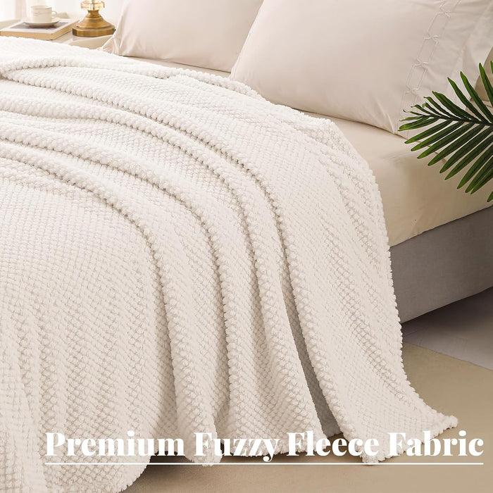 Extra Large Fuzzy Fleece Throw Blanket for Couch, 50x70 Inch Fluffy Warm Soft Jacquard Blankets for All Season, Lightweight and Cozy, Ivory