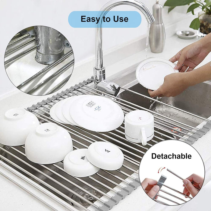 Over the Sink Dish Drying Rack, Roll up Sink Dish Drainer Rack Foldable Kitchen Stainless Steel Dish Rack Sink Drying Ra