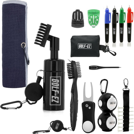 Golf Essentials Kit | Must-Have Accessories – Water Brush, Towel, Club Brush, Ball Marker, Divot Repair Tool, Ball & Tee