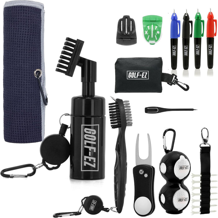 Golf Essentials Kit | Must-Have Accessories – Water Brush, Towel, Club Brush, Ball Marker, Divot Repair Tool, Ball & Tee