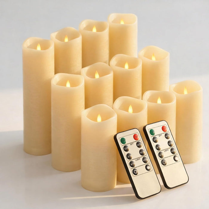 Waterproof Flameless Candles, 12 PC Battery Operated LED Pillar Candles with 2 Remote Controls & Timer, Flickering Indoo