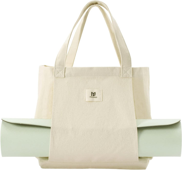 Moyaqi Canvas Tote Bag with Yoga Mat Carrier Pocket Carryall Shoulder Bag for Office, Workout, Pilates, Travel, Beach an