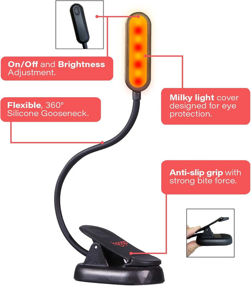 Amber Book Light – Blue Light Blocking Reading Light for Bed, Stepless Dimming, Rechargeable Clip-On Night Light, 1600K 