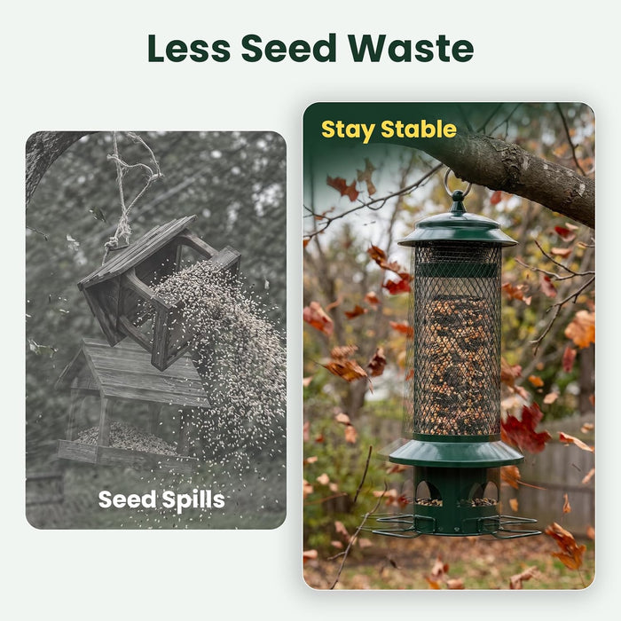 Squirrel Proof Bird Feeders for Outdoors - 4 Port Hanging Metal Bird Feeder with Gravity Spring, Upgraded Metal Hanging 