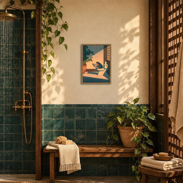 Funny Frog Bathroom Wall Art, Cute Japanese Frog in Toilet Wall Decor, Whimsical Green Animal Restroom Poster Canvas Painting Prints Artwork 12x16 inch Framed