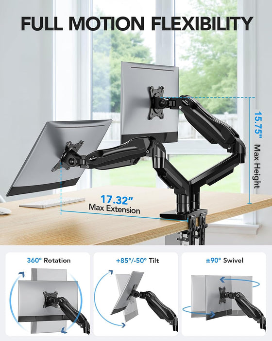 FlowLift™ Dual Monitor Stand, Fully Adjustable Gaming Monitor Desk Mount for 13–32″ Computer Screens, Full Motion VESA 7