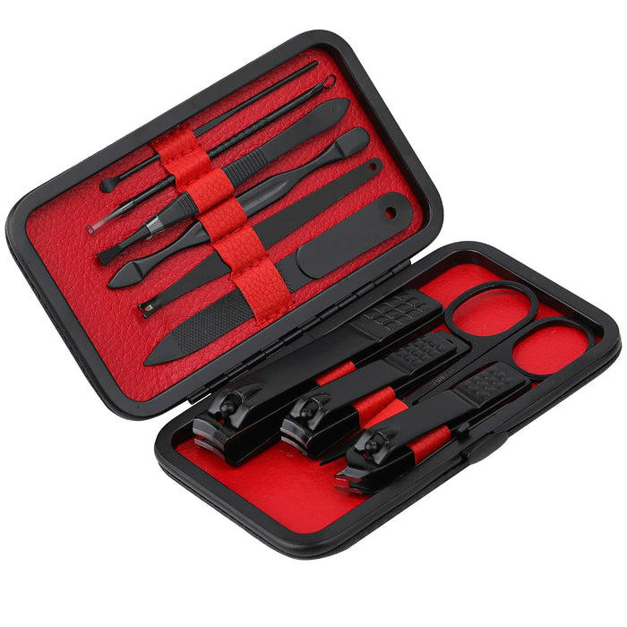 Manicure Set Nail Clippers Kit Professional Stainless Steel Nail Care Tools with Leather Travel Case 10 in 1 Black