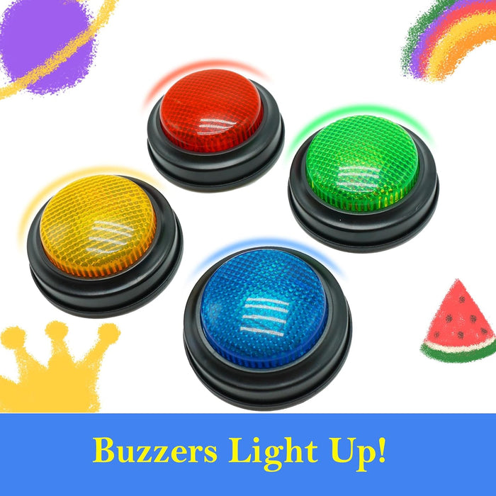 Set of 4 Buzzers for Trivia Games, Answer Buzzers for Classroom, Family Feud Jeopardy Buzzer, Game Buzzers with Lights and Sound for Classroom, Game Show Buzzer Buttons