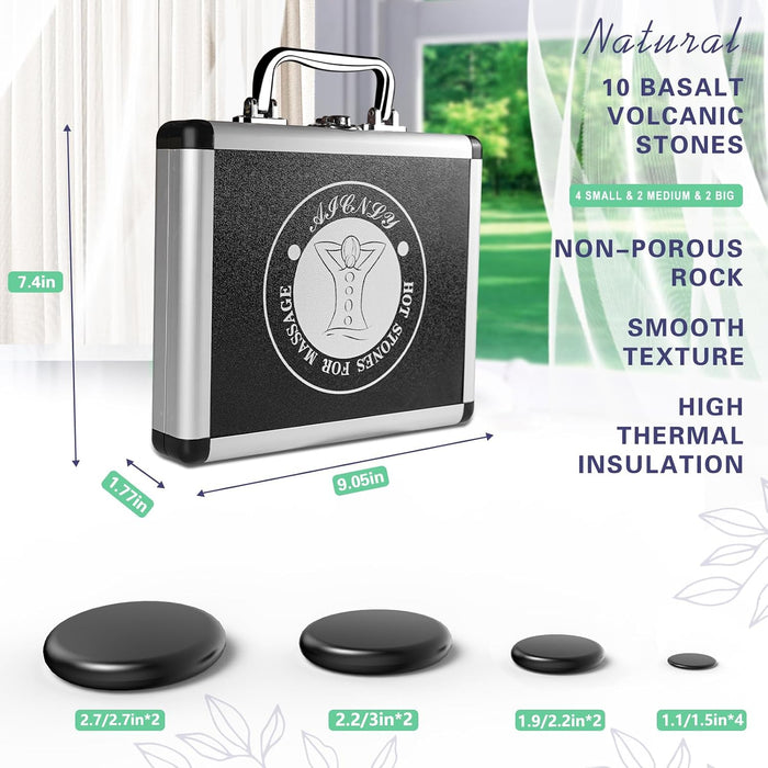 10 Pcs Basalt Hot Stones Massage Set with Temperature Adjustment