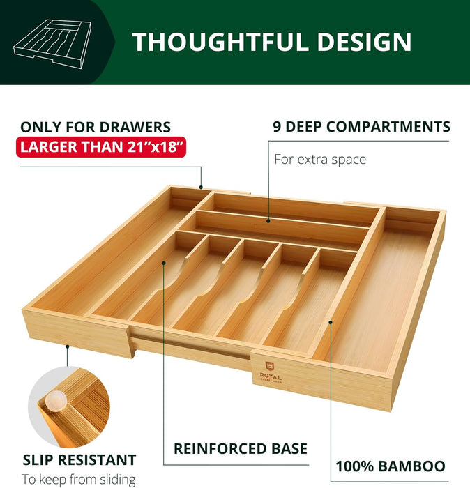 Luxury Bamboo Kitchen Drawer Organizer - Silverware Organizer, Utensil Holder & Cutlery Tray Drawer Dividers for Flatwar