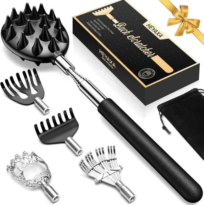 Telescopic Back Scratcher with 5 Detachable Heads, Gifts for Men, Black10-34 Stainless Steel Pole, Rubber Grip, Portable Carry Pouch, Birthday Gifts for Men,Women, Dad and Adults