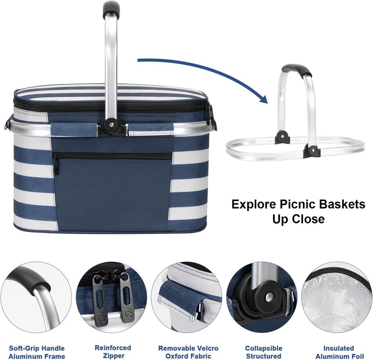 ALLCAMP Picnic Basket, 22L Insulated Cooler Foldable, Thick, Blue White