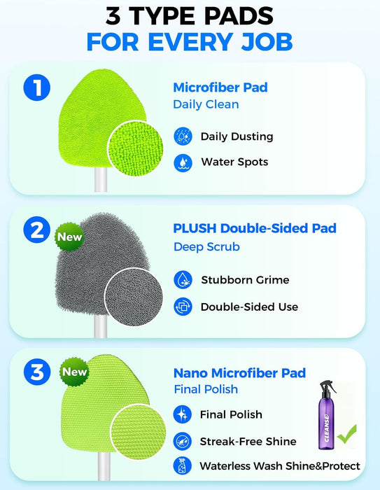 XINDELL Interior Windshield Cleaner Tool – Car Interior Window Cleaning Kit with Extendable Handle & 4 Microfiber Pads, 