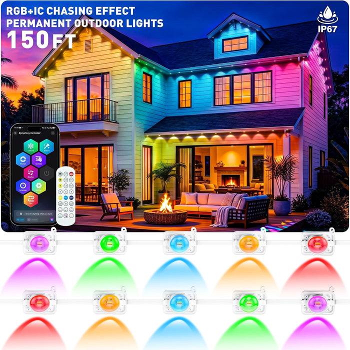 150FT Permanent Outdoor Lights, IP67 Waterproof Smart RGB+IC Wall-Washing Eaves Lights with App & Voice Control, Millions of Colors, Customizable DIY Scenes for House, Holiday, Patio