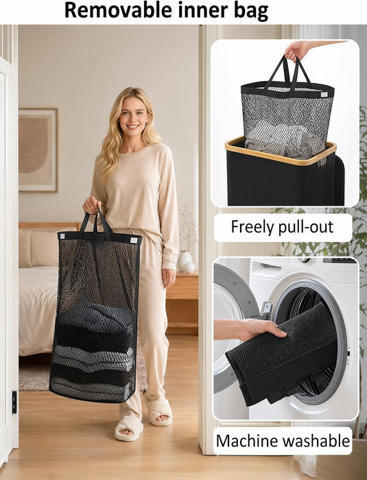 Laundry Hamper with Lid,110L Laundry Basket with Mesh Bags,Black
