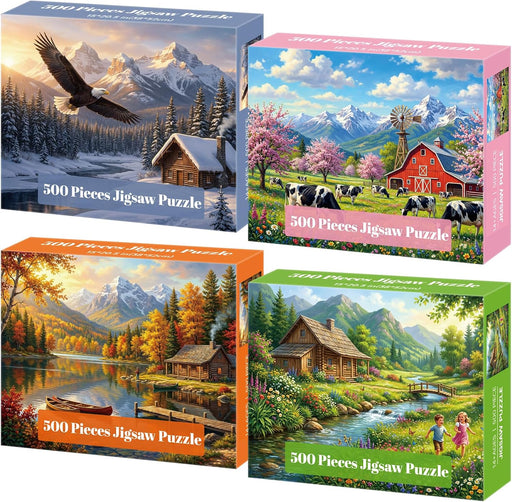 4-Pack 500 Piece Puzzles for Adults, Four Seasons Scenery Jigsaw Puzzles for Adults 500 Pieces, Fun Challenging Jigsaw Puzzles 500 Pieces for Adults Family Game Gift for Home Decor Wall Art
