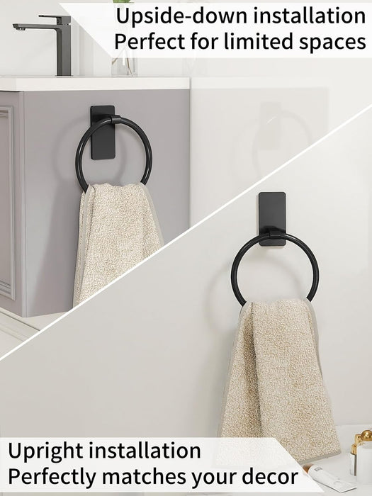 Hand Towel Holder for Bathroom, Adhesive Round Towel Ring, Black