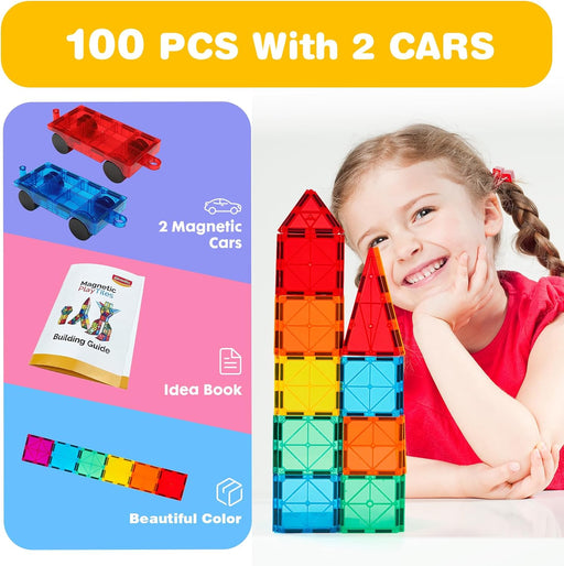 100 PCS Magnetic Tiles with 2 Cars, Magnet Stacking Blocks Kids