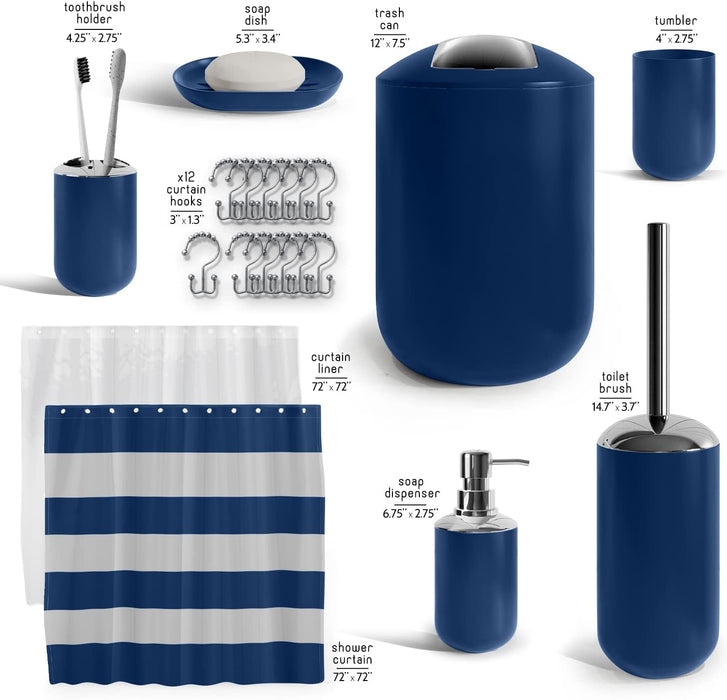 Bathroom Set - Navy Bathroom Accessories Set, 20PC Bathroom Accessory Set, Shower Curtain Set with Liner, Toothbrush Holder, Soap Dispenser, Soap Dish, Toilet Brush Holder, and Trash Can