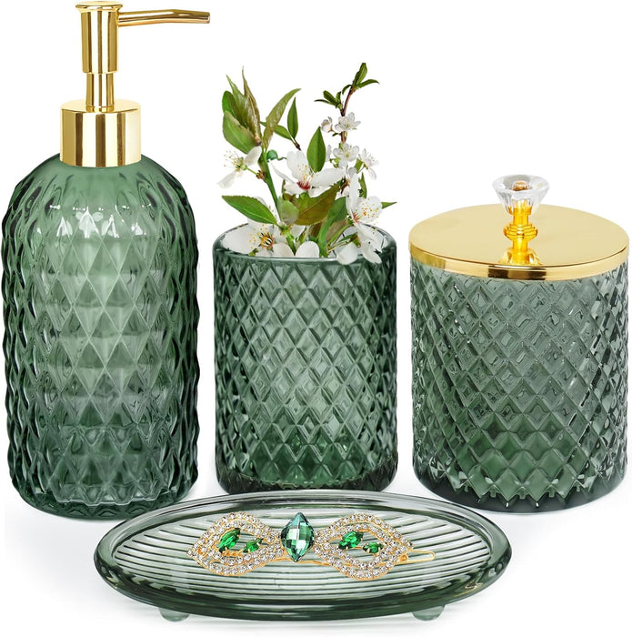Glass Bathroom Accessories Set, Sage Green Bathroom Set, 4 Pcs