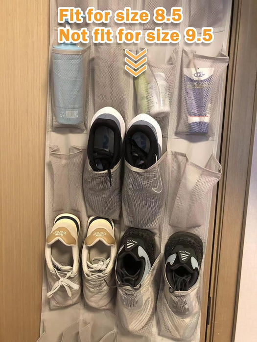 24 Medium Mesh Pocket Over-the-Door Hanging Shoe Organizer, Space Saving Shoe Storage, Light Grey