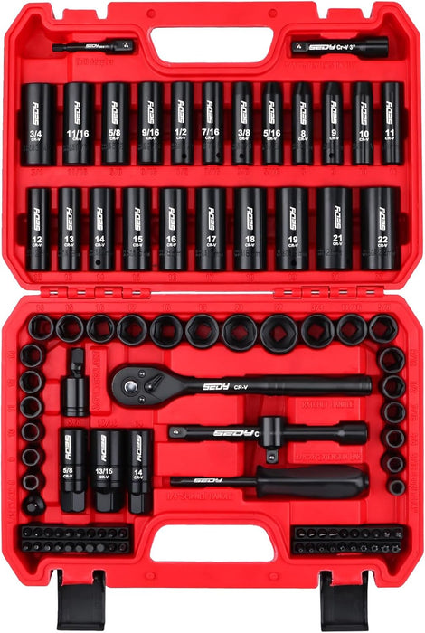 96-Piece 3/8" Drive Impact Socket Wrench and Bit Set, SAE 5/16”-3/4” & Metric 8-22mm, Cr-V Standard & Deep Sockets, Powe