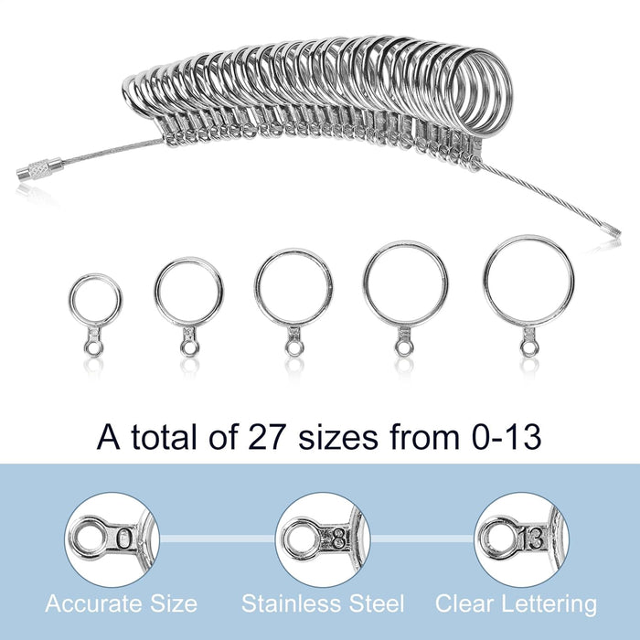 Ring Sizer Measuring Tool Kit, Ring Mandrel Measurer, 27 PCS Premium Steel Measuring Ring Tool, US Ring Size 0-13, 2 PCS Reusable Finger Size 1-17 USA Rings Size with Magnified Glass