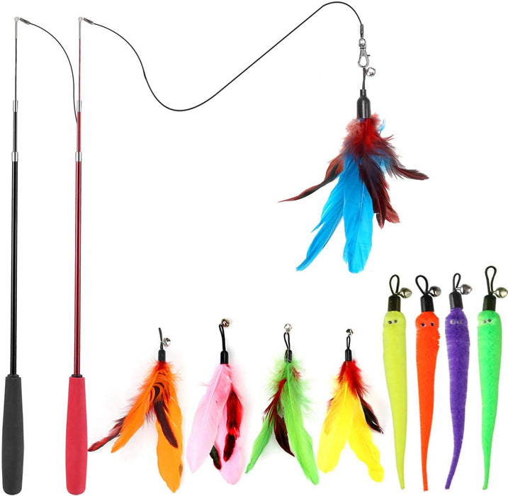 Cat Toys for Indoor Cats, Interactive Cat Toy 2PCS Retractable Wand Toy and 9PCS Cat Feather Toys Refills, Funny Kitten 