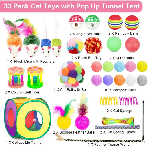 33Pcs Cat Toys Pack for Indoor Cats Kitten, with Cube Tunnel
