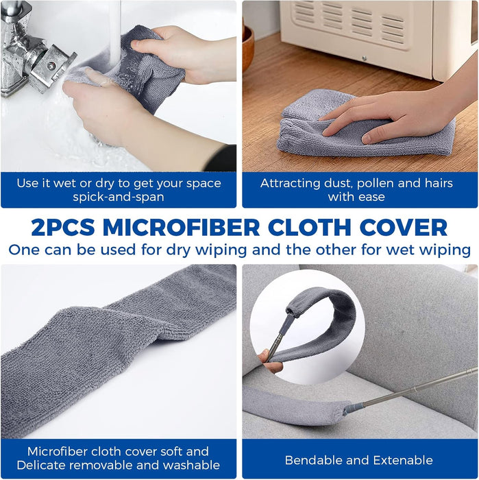 Retractable Gap Dust Cleaner Cleaning Tools with 2 Microfiber Dusting Cloths Long Handle 60inches Washable and Retractable Duster Brush for Cleaning Under Appliances Furniture Couch Fridge
