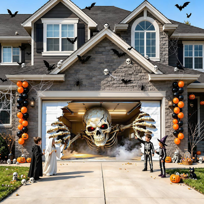 Halloween Garage Door Cover 16x7 FT, Realistic Garage Scene Design