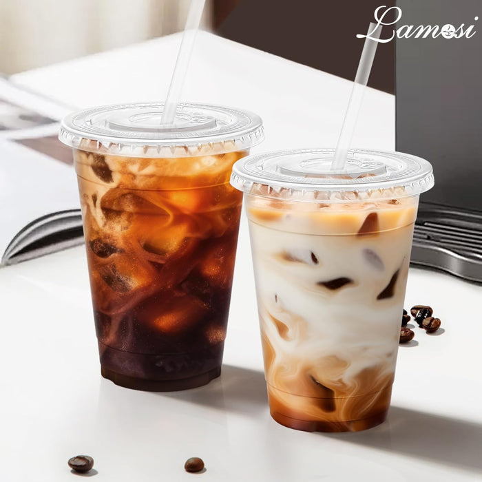 100 Pack 16 oz Clear Plastic Cups with Lids and Straws