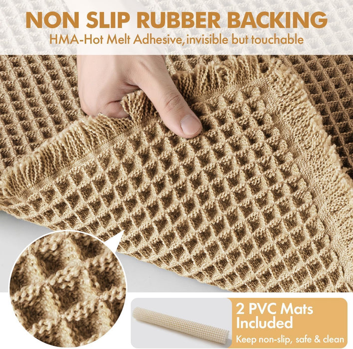 Set of 2 Waffle Bathroom Rugs Boho Bath Mat Brown 18x30 Inch