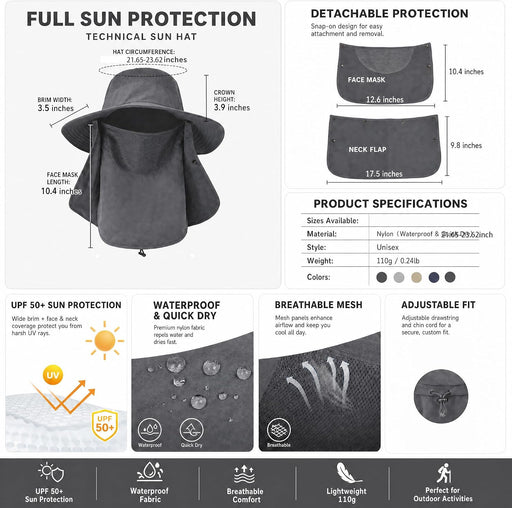 Sun Hat Bucket Hats for Men Women,Outdoor Wide Brim Fishing Hat with Detachable Face Cover & Neck Flap UV Protection