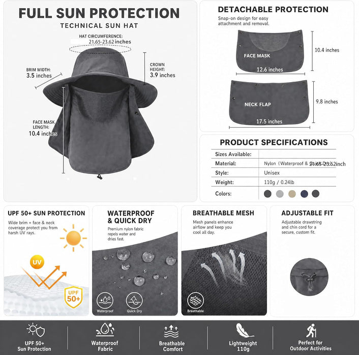 Sun Hat Bucket Hats for Men Women,Outdoor Wide Brim Fishing Hat with Detachable Face Cover & Neck Flap UV Protection
