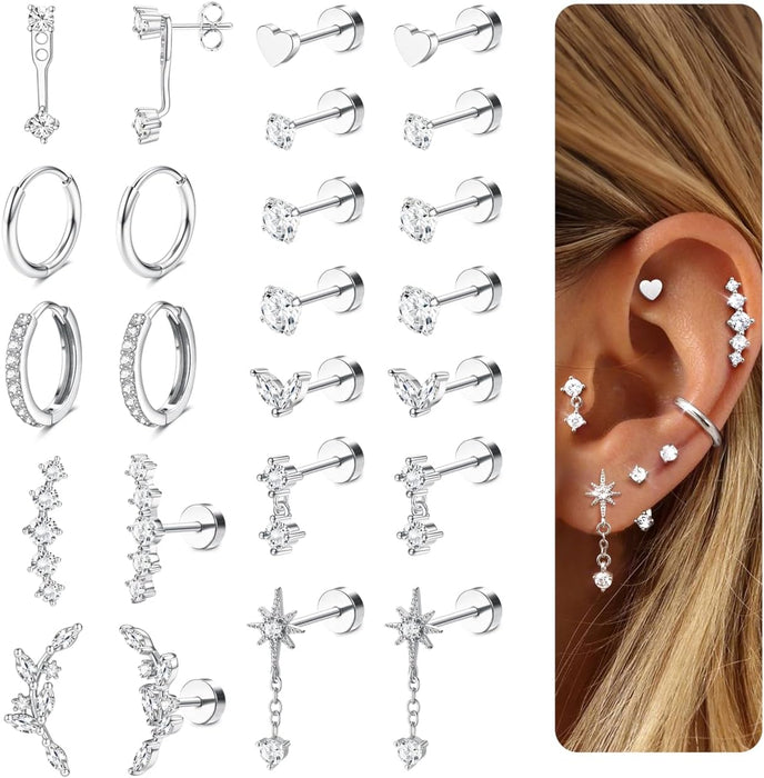 Hypoallergenic Flat Back Earrings-Cartilage Earring Stacks-Surgical Steel Earrings for Sensitive Ears - Small Stainless Steel Flatback Stud Hoop Earring Sets for Helix Tragus Conch Daith Multiple Piercing Jewelry Trendy