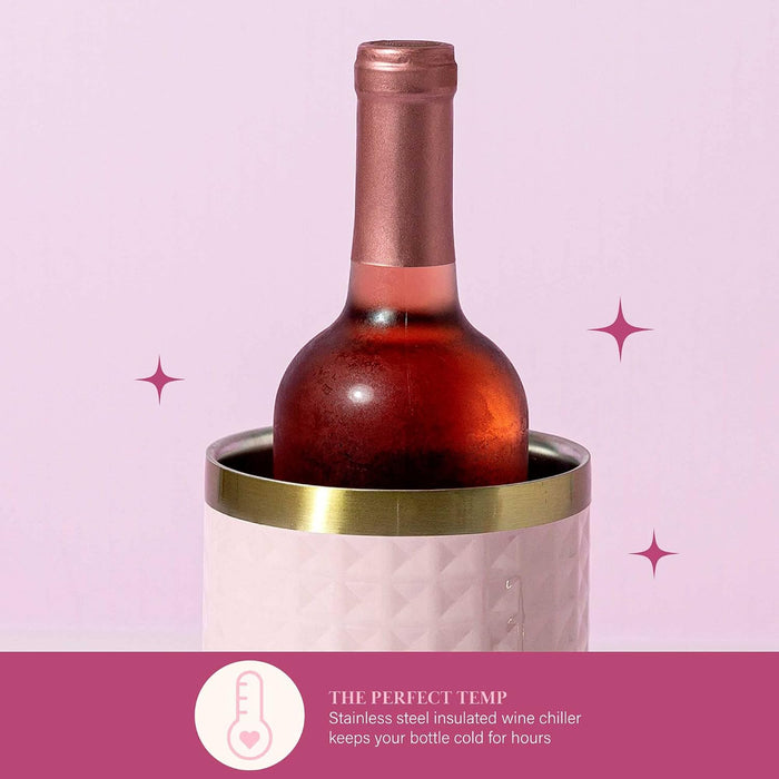Wine Bottle Chiller Set, Insulated Double Wall Chiller, Gold Winged Corkscrew Wine Bottle Opener, Diamond Wine Stopper, 3-Piece Set, Pink