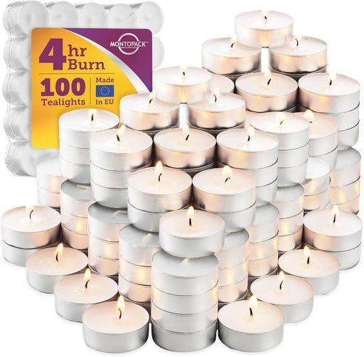 Unscented Tea Light Candles 100 Pack | 4 hours, White, Smokeless, Dripless Small Votive Paraffin Tealights | Long-Lasting for Home, Shabbat, Weddings, Events, Emergencies | Mini Candles Bulk