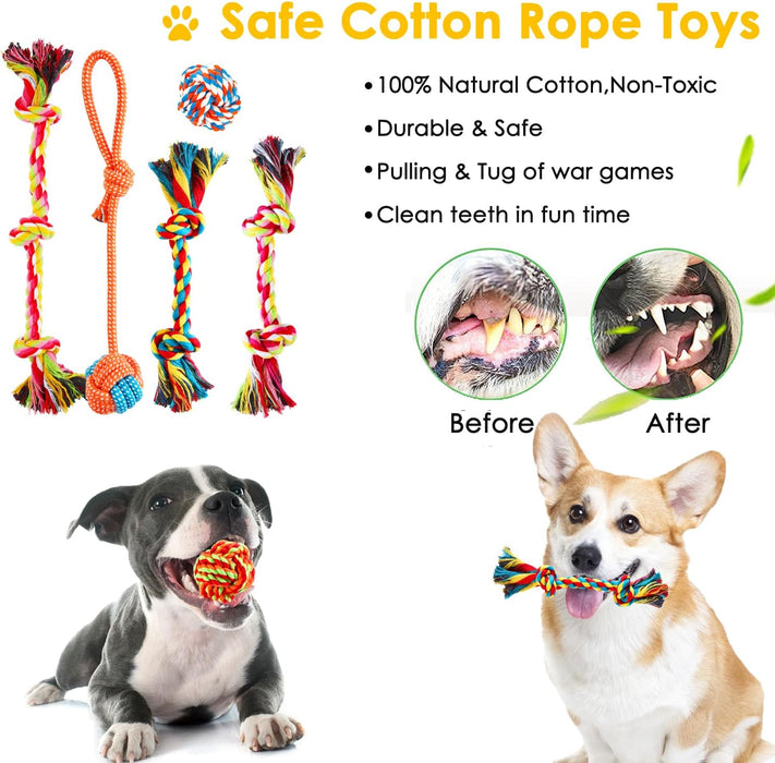 Dog Toys 25 Pack for Fun and Teeth Cleaning, Puppy Chew Toys Pack with Squeak Plush Toy,Squeaky Toy Balls,Tug of War and