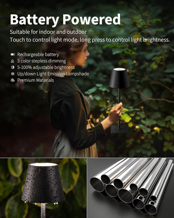 2 Pack Cordless Black Table Lamps, Rechargeable Portable LED Desk Lamps