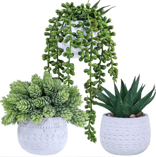 3 Pcs Assorted Small Potted Succulent Plants Artificial Aloe Hanging Succulent in White Geometric Concrete Ceramic Pots 