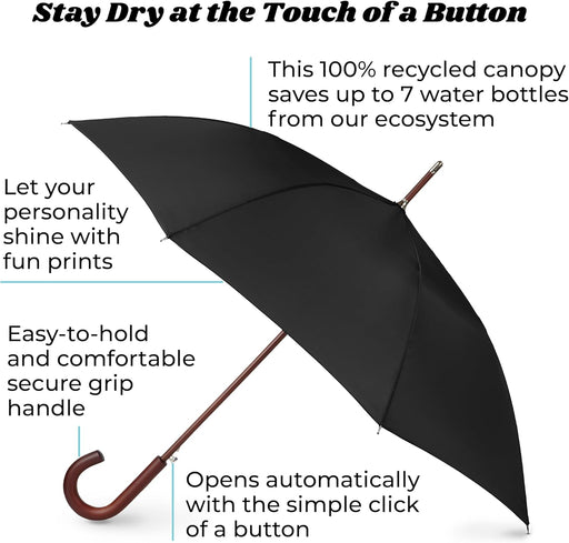 Auto Open Water Repellent Stick Umbrella with Classic Wood J Hook Handle